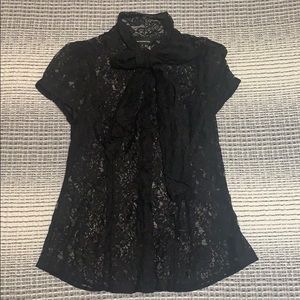 Black Lace Tie-Neck Button-up Express Top